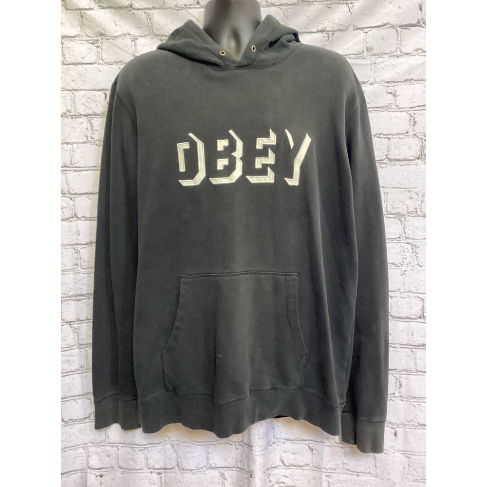 Obey Propaganda Mens XL Black Embroidered Logo Pullover Hoodie Streetwear Skate
